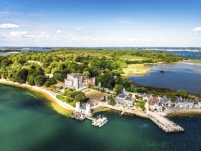 Brownsea Castle on Brownsea Island from a drone, Poole, Dorset, England, United Kingdom