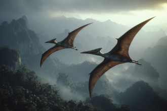 Two flying dinosaurs, dinosaur, flying reptile, pterosaur sailing over a primeval landscape, AI