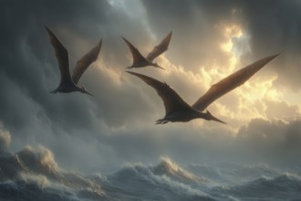 Three pterosaurs, dinosaur, flying reptile, pterosauria sail over an ocean, AI generated