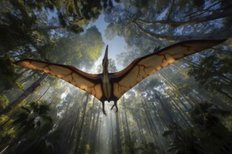 A pterosaur, dinosaur, flying reptile, pterosauria sails through a jungle, AI generated