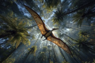 A pterosaur, dinosaur, flying reptile, pterosauria sails through a jungle, AI generated