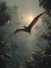 A flying dinosaur, dinosaur, flying reptile, pterosaur sails over a primeval landscape, jungle, AI