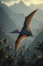 A pterosaur, dinosaur, flying reptile, pterosauria sails over a primeval landscape, jungle, AI