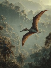 A flying dinosaur, dinosaur, flying reptile, pterosaur sails over a primeval landscape, jungle, AI