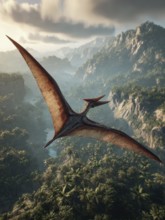 A pterosaur, dinosaur, flying reptile, pterosauria sails over a primeval landscape, jungle, AI