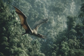A pterosaur, dinosaur, flying reptile, pterosauria sails over a primeval landscape, jungle, AI