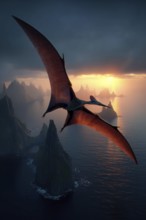 A flying dinosaur, dinosaur, flying reptile, pterosaur sails over a primeval landscape, AI
