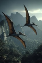 Two flying dinosaurs, dinosaur, flying reptile, pterosauria soar over a primeval landscape, AI