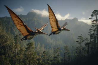 Two flying dinosaurs, dinosaur, flying reptile, pterosauria soar over a primeval landscape, AI