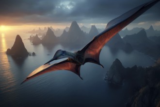 A pterosaur, dinosaur, flying reptile, pterosauria sails over a primeval landscape, AI generated,