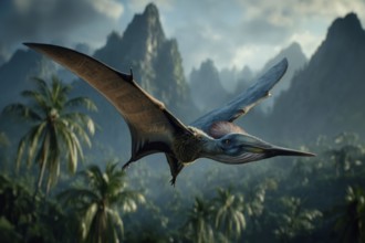 A pterosaur, dinosaur, flying reptile, pterosauria sails over a primeval landscape, AI generated,