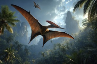 Two flying dinosaurs, dinosaur, flying reptile, pterosauria soar over a primeval landscape, AI