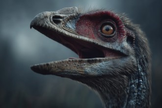 Portrait, close-up of a prehistoric bird, prehistoric bird, AI generated