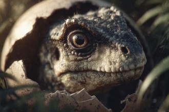 A young dinosaur, baby dinosaur hatches from the egg, AI generated, AI generated