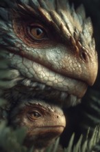 Romanticised depiction of a young dinosaur, baby dinosaur being lovingly cared for by its mother,