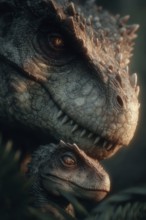 Romanticised depiction of a young dinosaur, baby dinosaur being lovingly cared for by its mother,