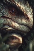 Romanticised depiction of a young dinosaur, baby dinosaur being lovingly cared for by its mother,