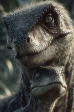 Romanticised depiction of a young dinosaur, baby dinosaur being lovingly cared for by its mother,
