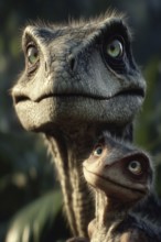 Romanticised depiction of a young dinosaur, baby dinosaur being lovingly cared for by its mother,