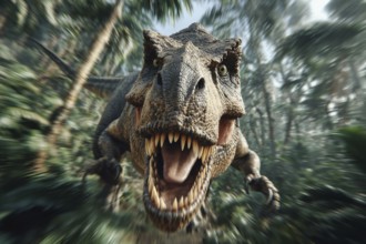 An angry, dinosaur, tyrannosaurus, tyrannosaurus with baring teeth runs through a jungle, AI