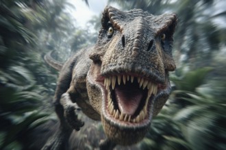 An angry, dinosaur, tyrannosaurus, tyrannosaurus with baring teeth runs through a jungle, AI