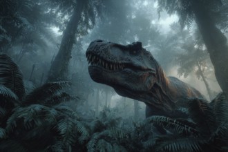 A dinosaur, Tyrannosaurus, Tyrannosaurus roams through a jungle, AI generated, AI generated