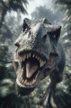 An angry, dinosaur, tyrannosaurus, tyrannosaurus with baring teeth runs through a jungle, AI
