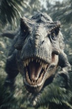 An angry, dinosaur, tyrannosaurus, tyrannosaurus with baring teeth runs through a jungle, AI