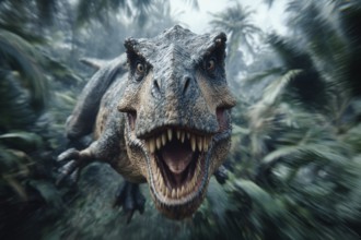 An angry, dinosaur, Tyrannosaurus with bared teeth runs through a jungle, AI generated, AI