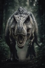 An angry, dinosaur, Tyrannosaurus with bared teeth runs through a jungle, AI generated, AI