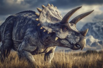 A dinosaur, Ceratopsidae, stands in a primeval landscape, AI generated, AI generated