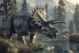 A dinosaur, Ceratopsidae, stands in a primeval landscape, AI generated, AI generated