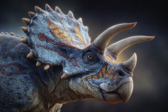 Portrait, close-up of a dinosaur, Ceratopsidae with fictitious colouring, AI generated