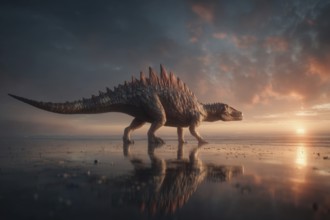 A dinosaur, spinosaur, spinosaurus, stands in a primeval landscape, AI generated