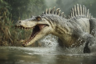 A dinosaur, spinosaur, spinosaurus, hunting on a riverbank, AI generated, AI generated
