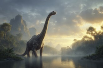 A dinosaur, brontosaurus, brontosaurus, in a primeval landscape, AI generated, AI generated