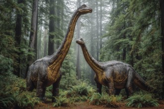 Two dinosaurs, Brontosaurus, Brontosaurus, in a jungle, AI generated