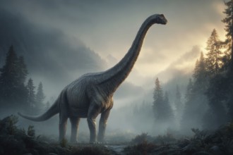 A dinosaur, brontosaurus, brontosaurus, in a primeval landscape, AI generated, AI generated