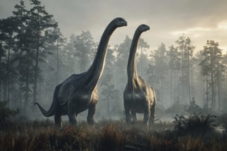 Two dinosaurs, Brontosaurus, Brontosaurus, in a primeval landscape, AI generated