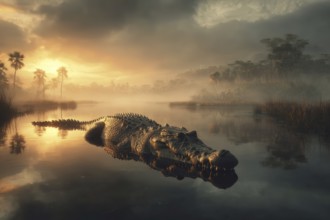 A crocodile rests in a swamp at sunset, AI generated, AI generated