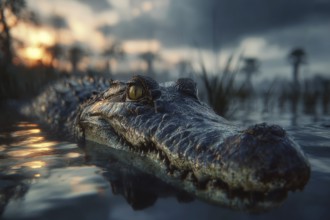A crocodile rests in a swamp at sunset, AI generated, AI generated