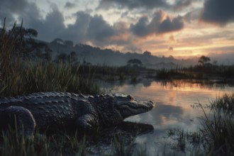 A crocodile rests in a swamp at sunset, AI generated, AI generated