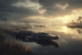 A crocodile rests in a swamp at sunset, AI generated, AI generated