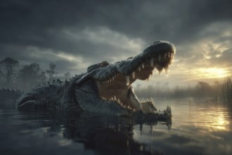 A crocodile rests in a swamp at sunset, AI generated, AI generated