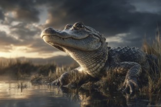 A crocodile rests in a swamp at sunset, AI generated, AI generated