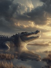 A crocodile rests in a swamp at sunset, AI generated, AI generated