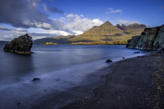 Sea, surf, beach, shore, cliff, mountains, clouds, morning light, long exposure, summer,