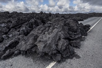 Lava, lava field, road, volcanic eruption, Sundhnúkur crater chain, Reykjanes, Iceland