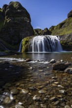 Waterfall, gorge, mountainous, sun, long exposure, river, Stjórnarfoss, Kirkjubaerklaustur,