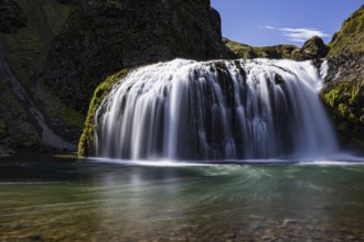 Waterfall, gorge, mountainous, sun, long exposure, river, Stjórnarfoss, Kirkjubaerklaustur,